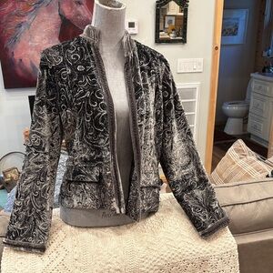 Gorgeous Chico‘s jacket size one velour black gray with silver sparkle.
